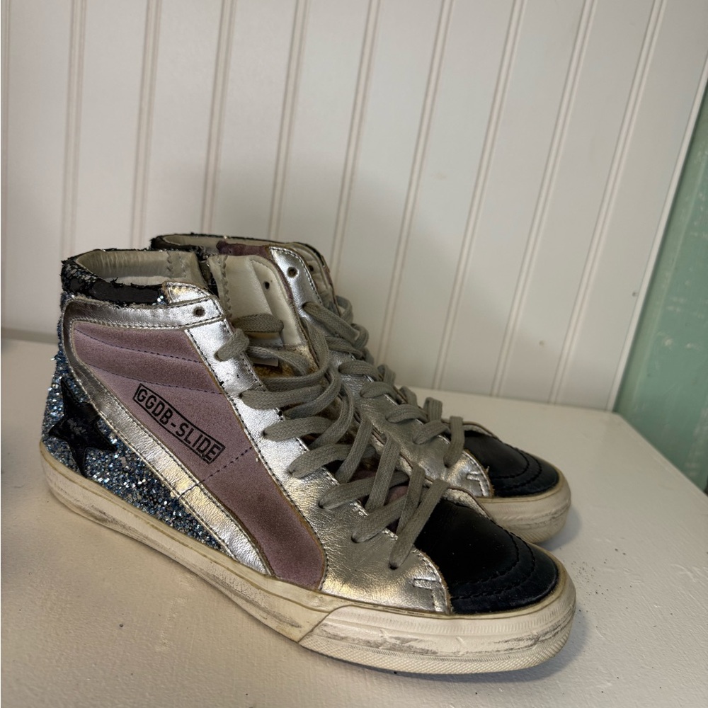 Golden Goose Slide High-Top Sneakers – Glitter Star / Pink Panel Size 37 US7
